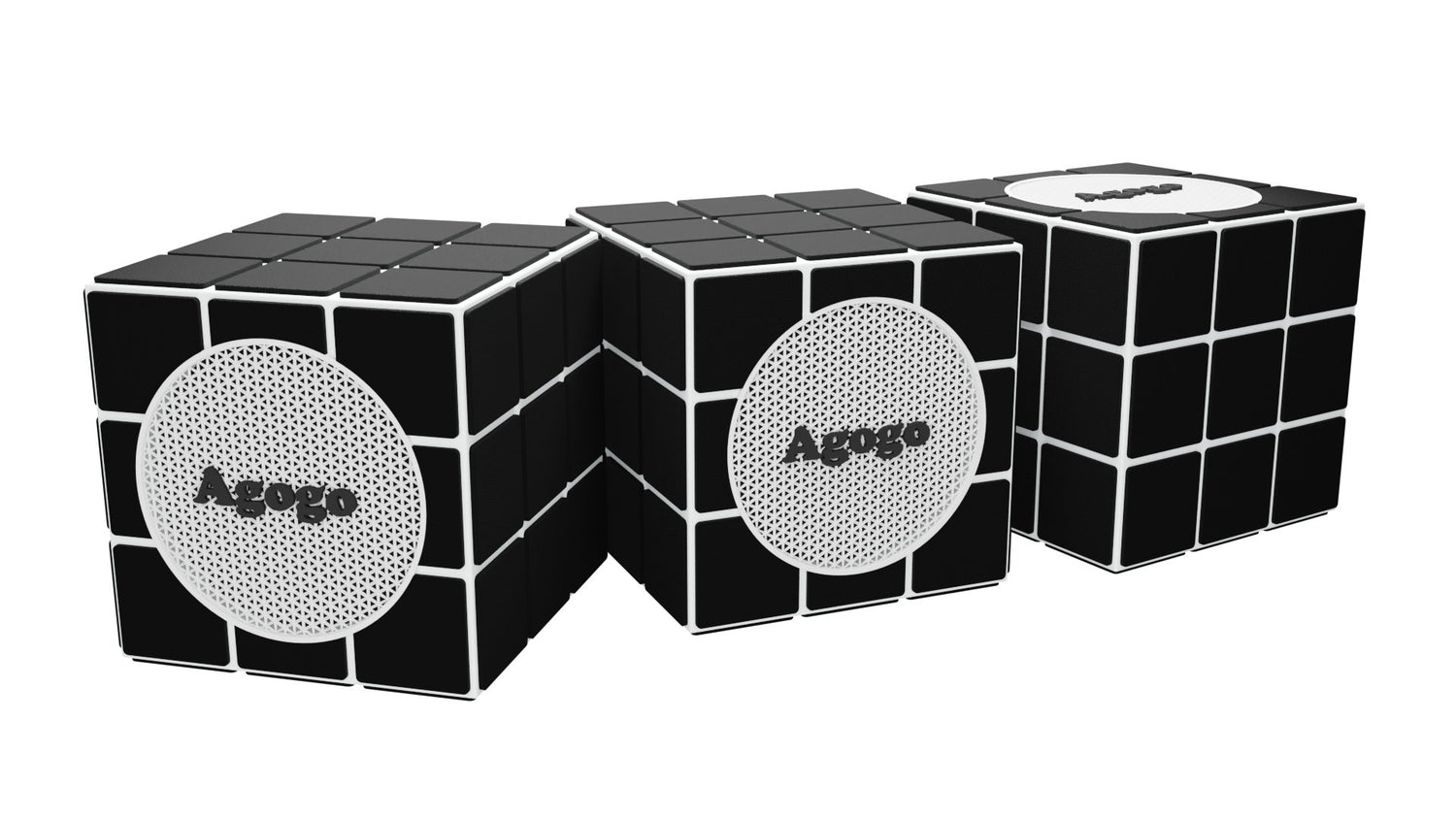 Photo de trois enceintes portables Agogo noires alignées